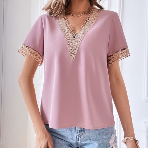 Bohemian Royal Blue V neck Lace Solid Minimalist Blouse - Picture 3 of 13